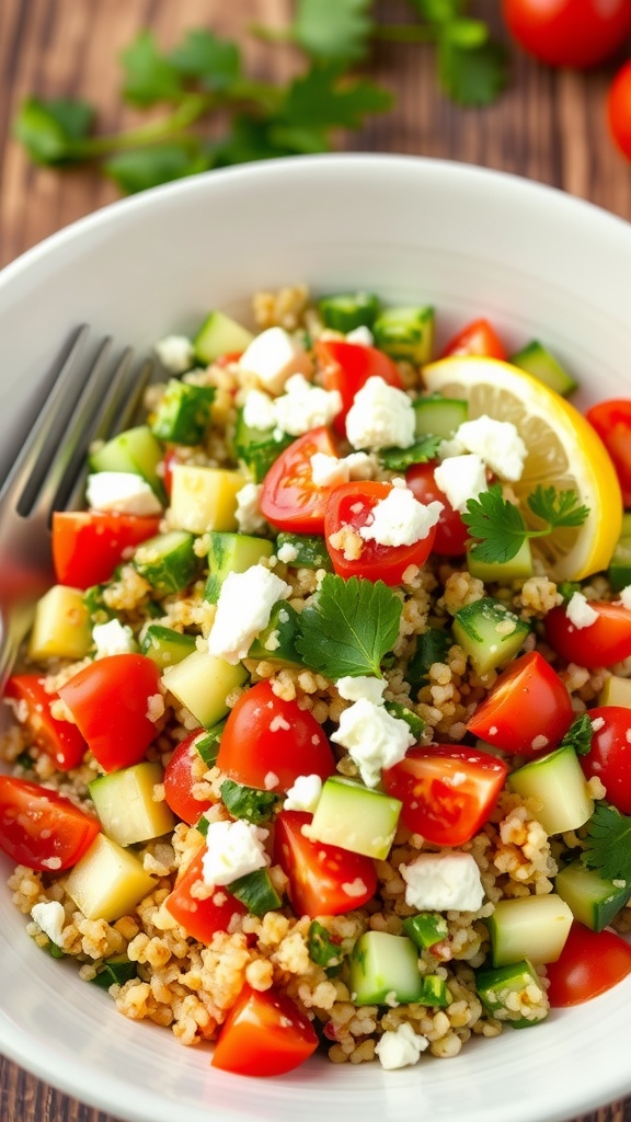 A colorful quinoa salad with cucumbers, cherry tomatoes, feta cheese, and parsley on a wooden table.